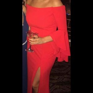 Red off the shoulder Faviana dress